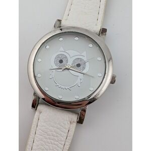 Accutime Owl Watch Women 35mm Silver Tone White Faux Leather Band- New Battery